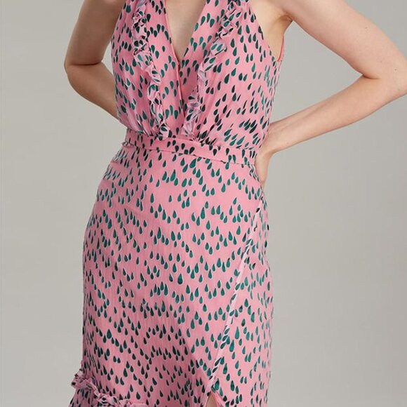Anna Midi Dress in Pink Silk Devore with Green Raindrop Pattern - Picture 4 of 8